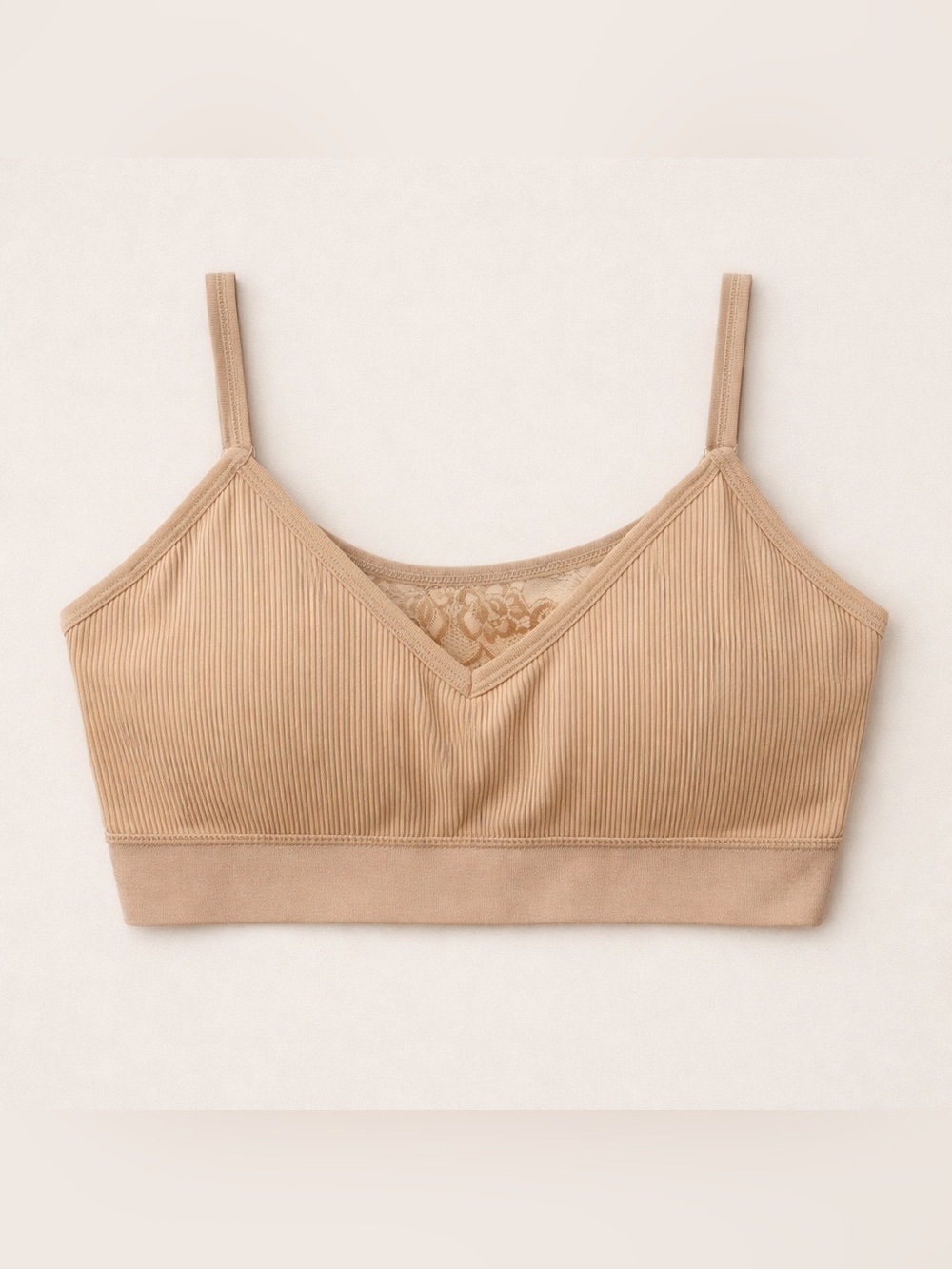 🇺🇸🆕 NWOT TAHARI | XL | TAN Seemless Bralette Lace back V-Neck - Picture 2 of 16